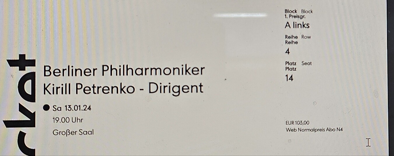 베를린필하모닉 오케스트라 1월 13일(토) 저녁 7시 티켓 2매 반값에 양도 합니다!  키릴 페트렌코 지휘